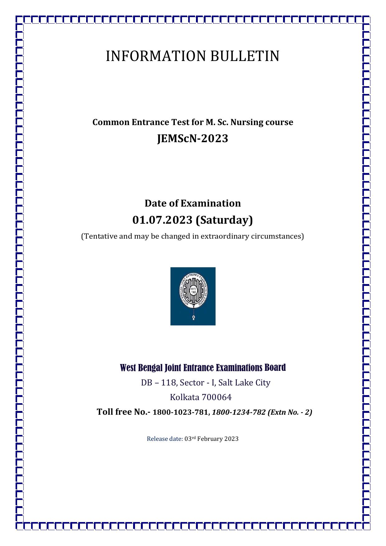 WB Joint Entrance for M. Sc. Nursing course (JEMScN) Information Bulletin 2023 - Page 1