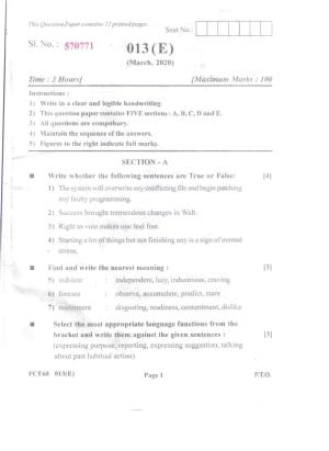 Gujarat Board Class 12th Question Paper 2020: (S.L) English