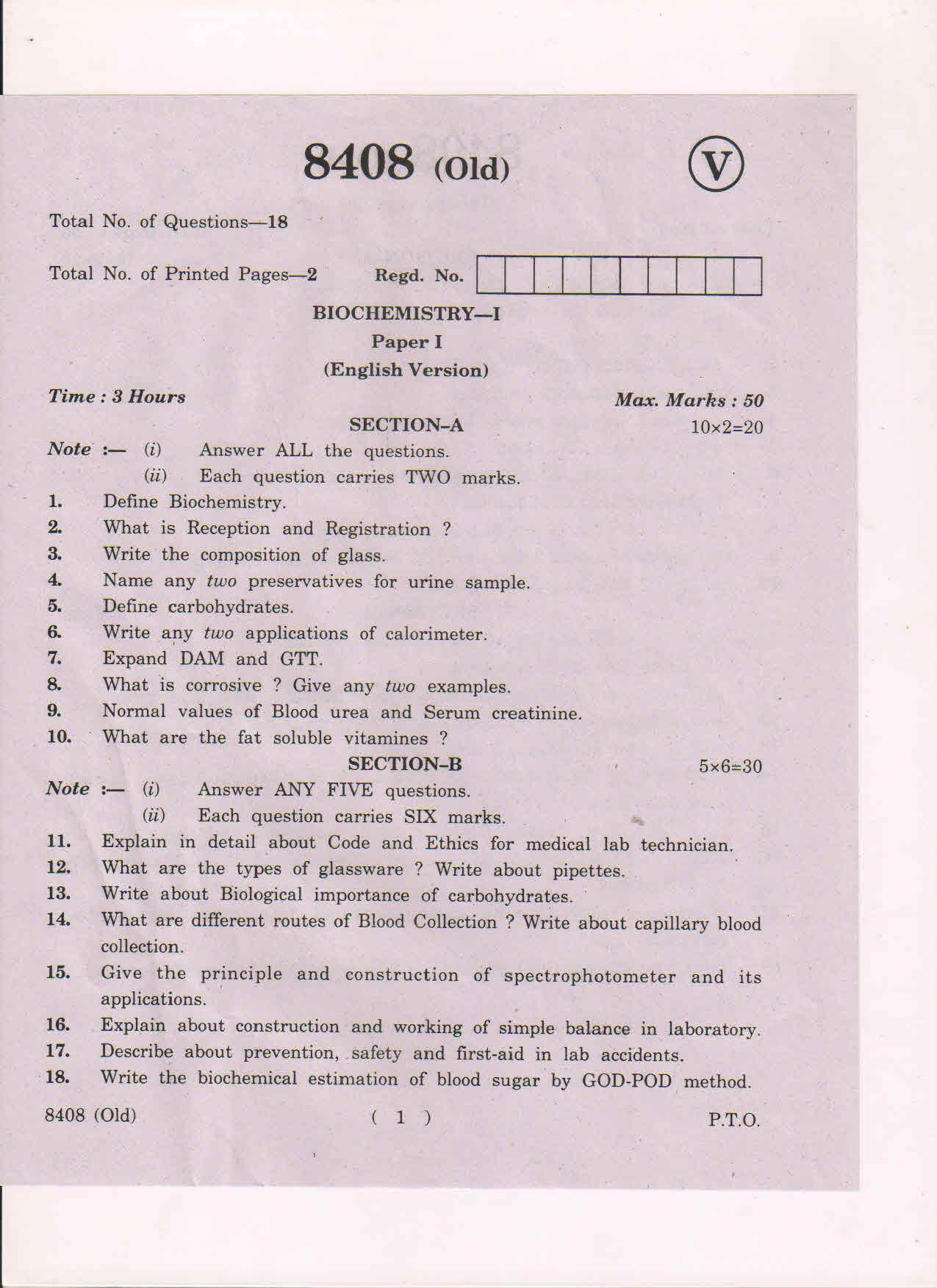 AP Inter 1st Year BioChemistry-I (Old) March-2019-Vocational Question Paper - Page 1