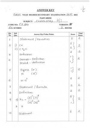 Kerala Plus One (Class 11th) Chemistry-Hearing Impaired Answer Key 2021