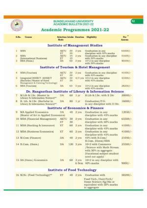 Bundelkhand University, Jhansi Academic Programmes 2021-22
