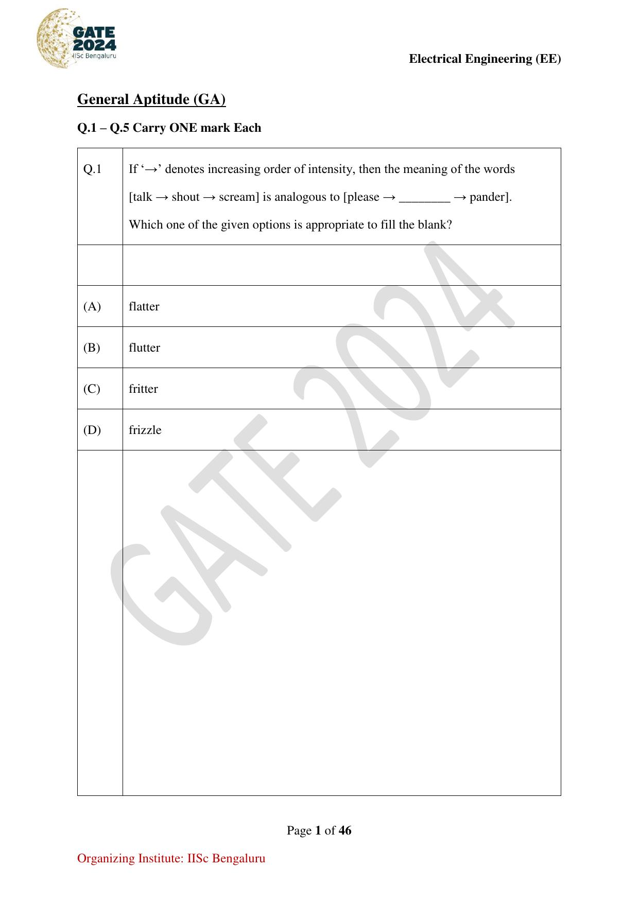 GATE 2024 Electrical Engineering (EE) Question Paper - Page 1