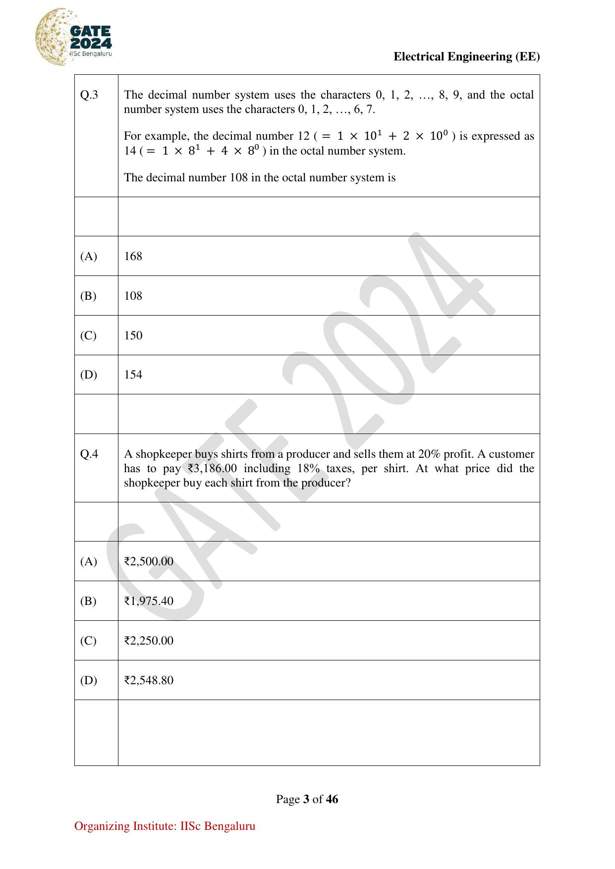 GATE 2024 Electrical Engineering (EE) Question Paper - Page 3