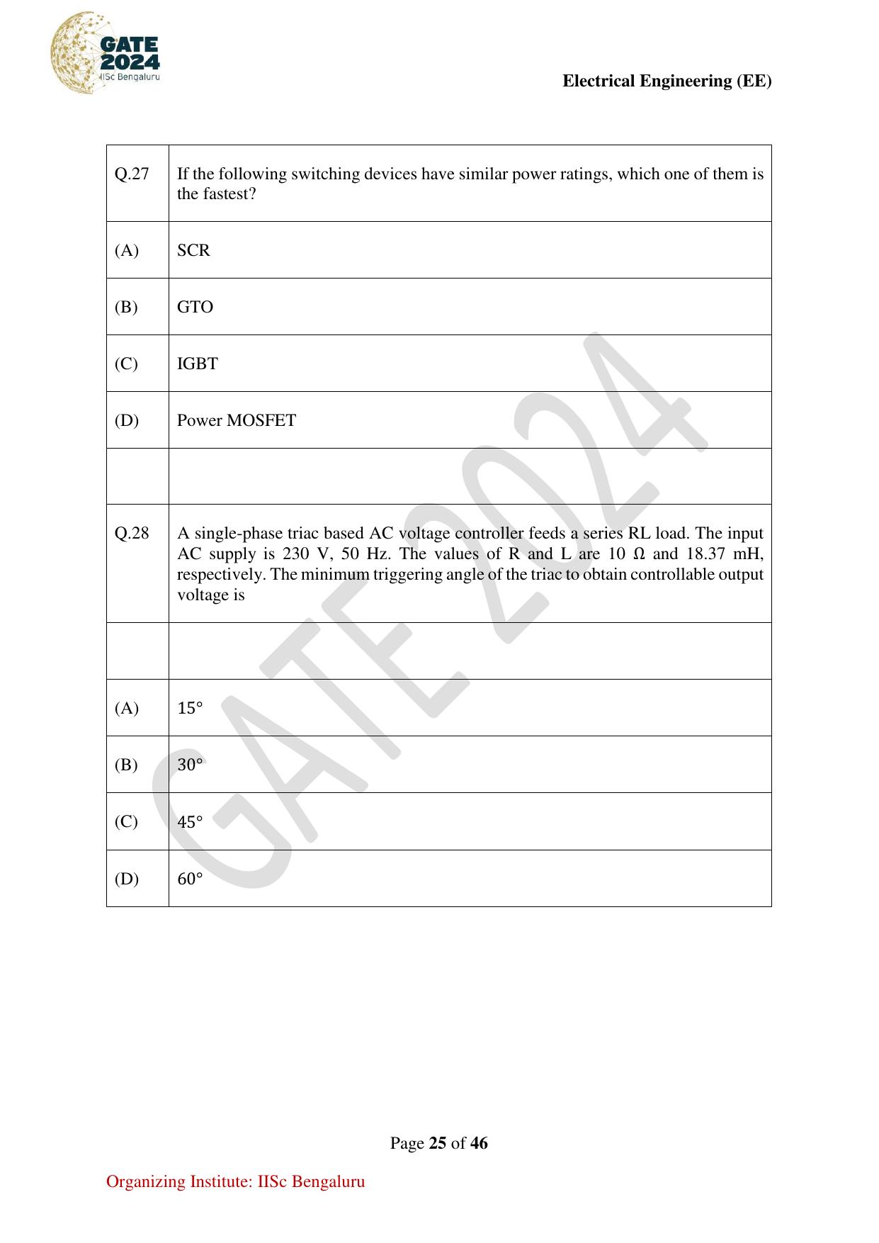 GATE 2024 Electrical Engineering (EE) Question Paper - Page 25