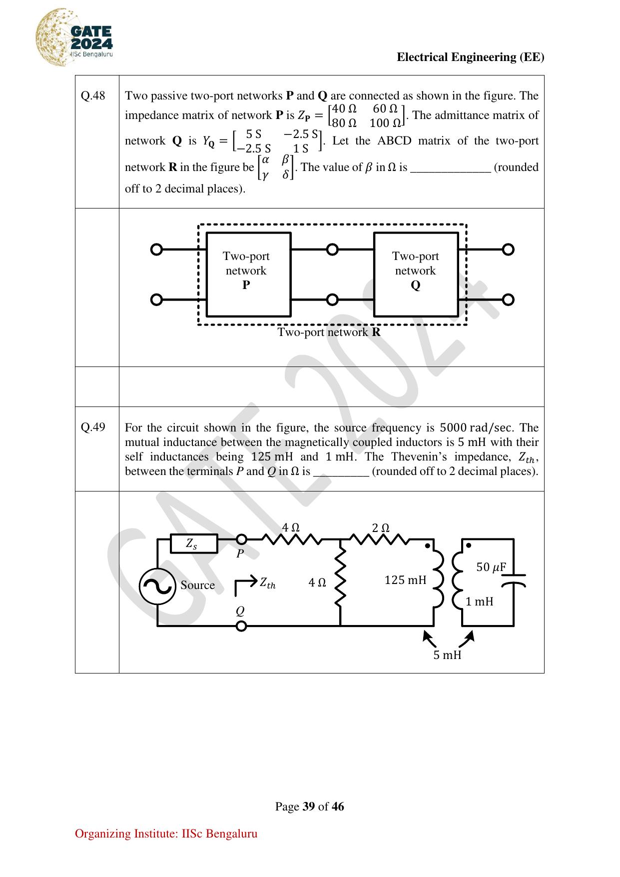 GATE 2024 Electrical Engineering (EE) Question Paper - Page 39