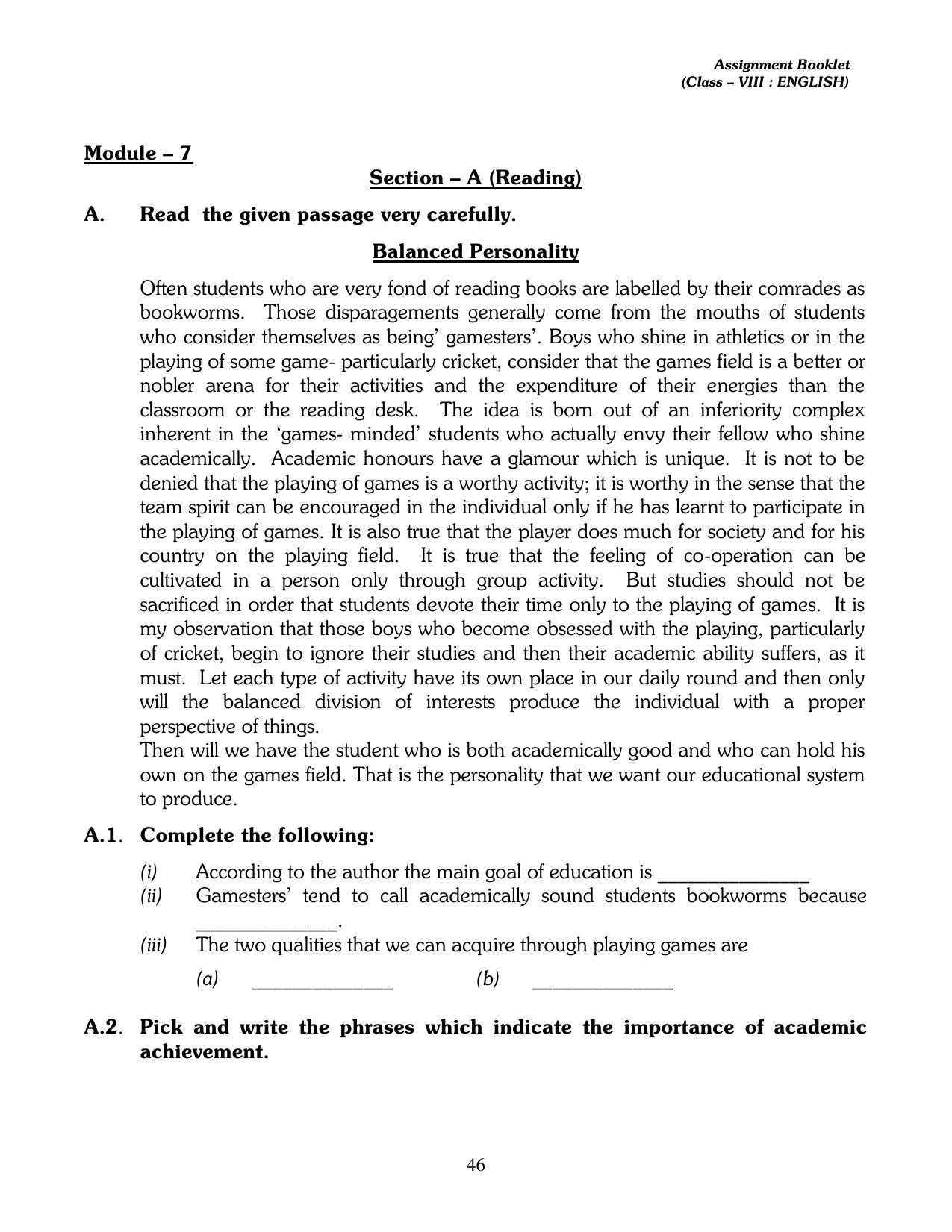 CBSE Worksheets for Class 8 English Assignment 14 - Page 1