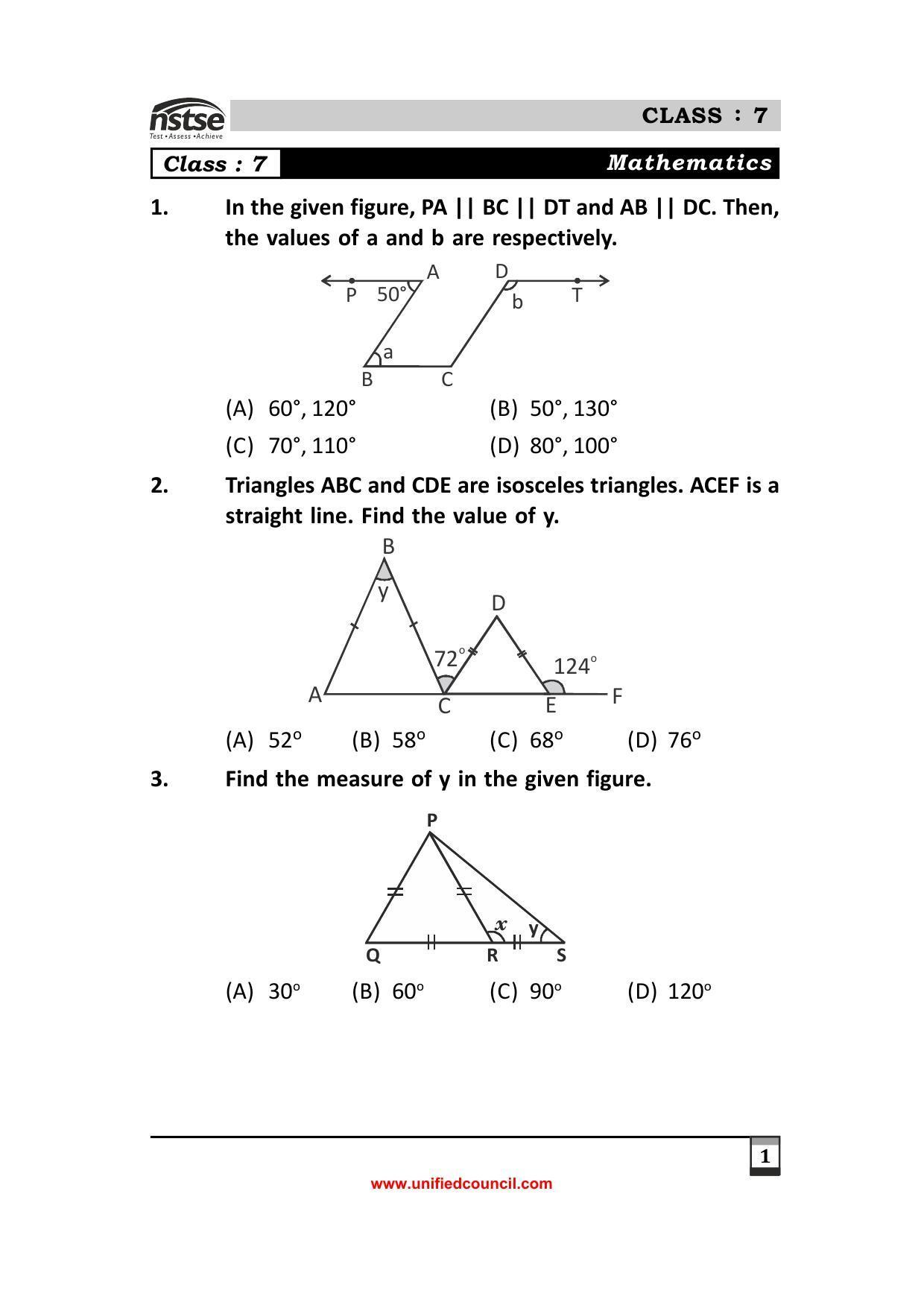 2023 Class 7 NSTSE Sample Question Papers - Page 1
