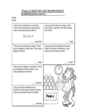 Worksheet for Class 3 Mathematics Division Assignment VI