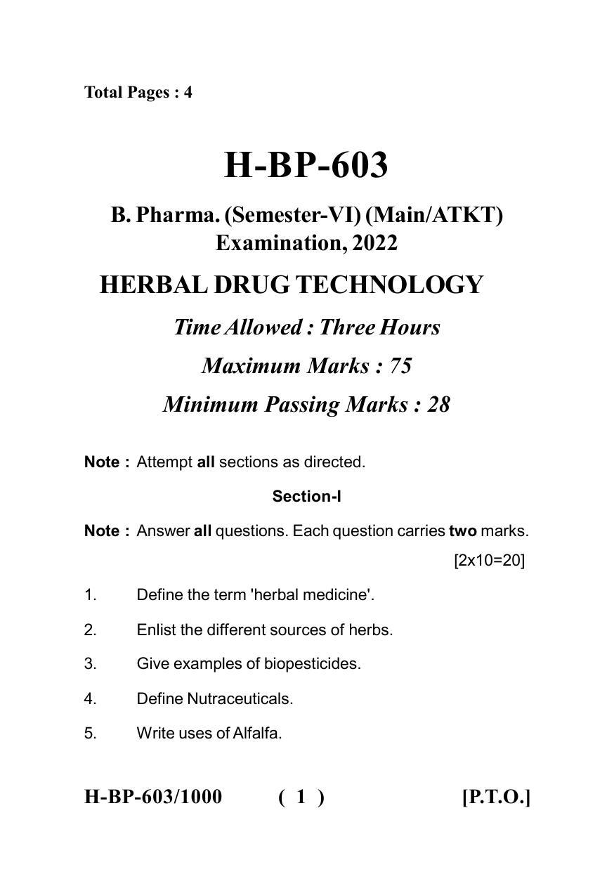 Sarguja University Question Paper - 2022 : Bachelor Of Pharmacy Sem-VI Herbal Drug Technology Paper 1 - Page 1