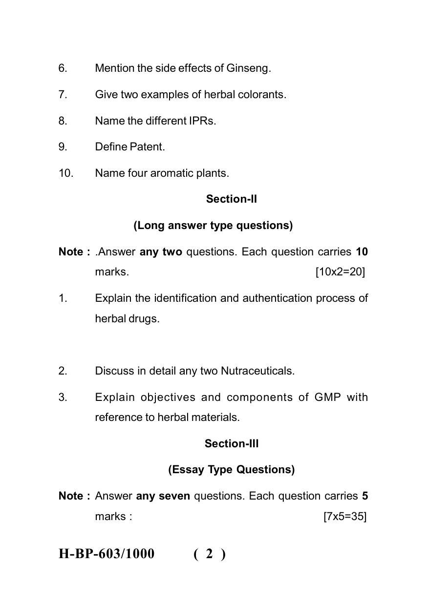 Sarguja University Question Paper - 2022 : Bachelor Of Pharmacy Sem-VI Herbal Drug Technology Paper 1 - Page 2