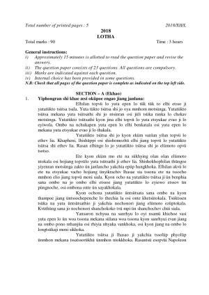 Nagaland Board Class 12 LOTHA 2018 Question Papers