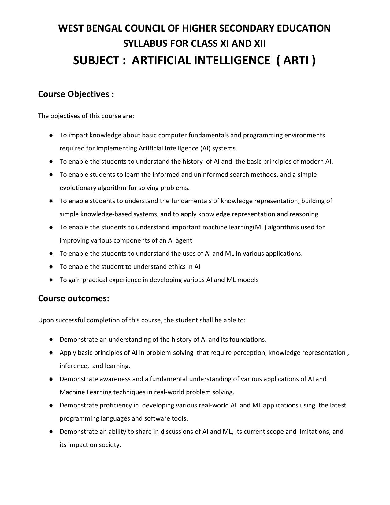 WBCHSE Class 11 & 12 Syllabus for Artificial Intelligence (ARTI) (SET I) - Page 1