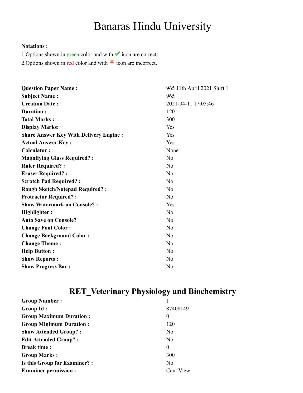 BHU RET Veterinary Physiology 2020 Question Paper - Page 1