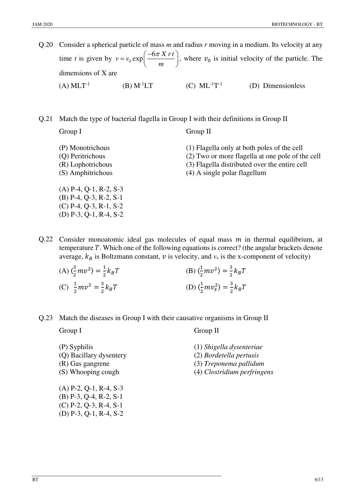 JAM 2020: BT Question Paper - Page 6