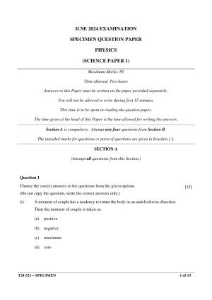 ICSE Class 10  2024 Physics Sample Paper