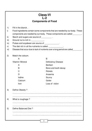CBSE Worksheets for Class 6 Components of Food Assignment