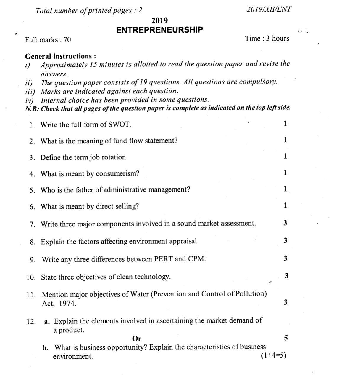 Nagaland Board Class 12 Entrepreneurship 2019 Question Papers - Page 1