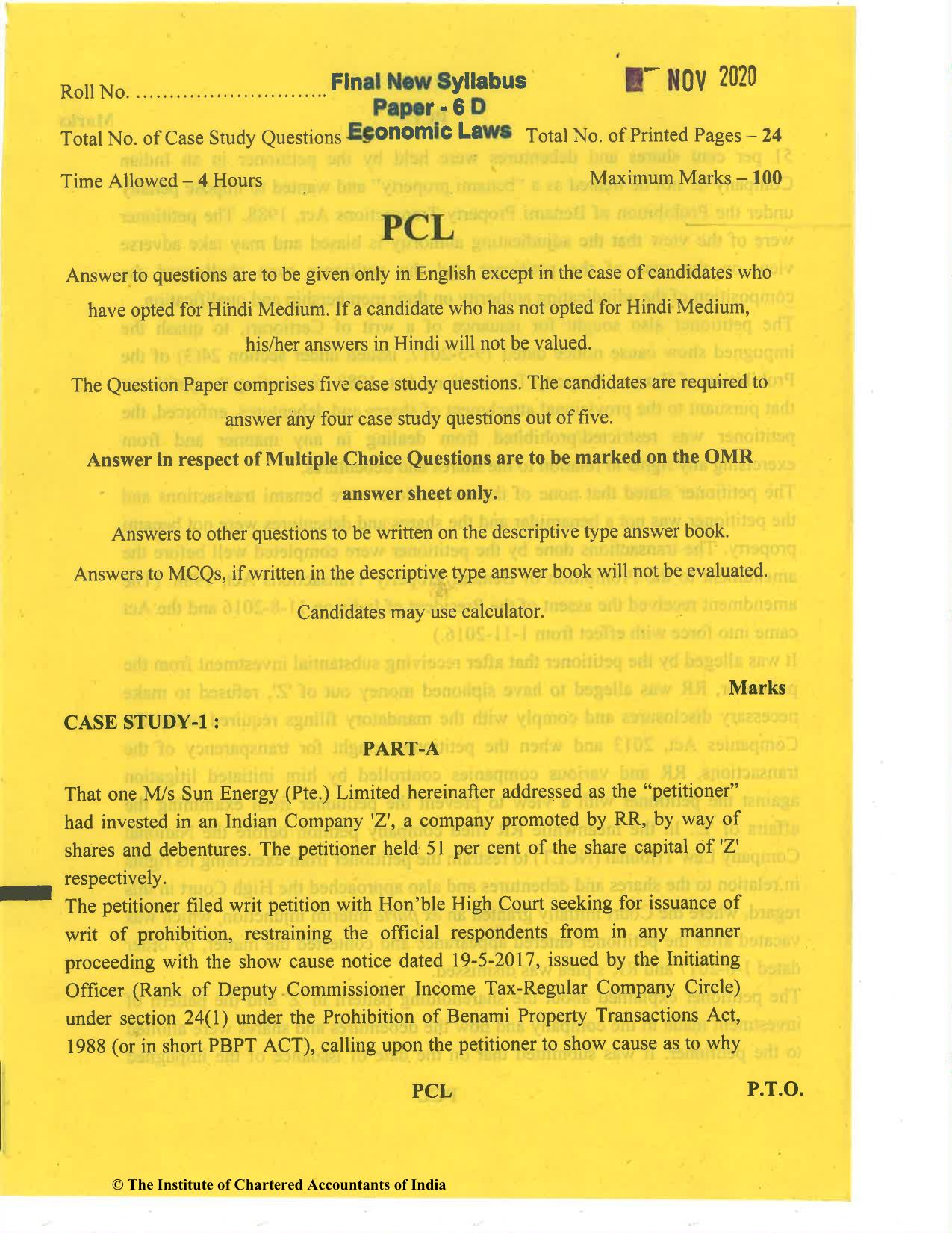 CA Final Nov 2020 Question Paper - Paper 6D – Economic Laws - Page 1