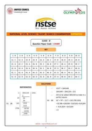 NSTSE 2023 Class 8 Answer Key (Paper Code 489)