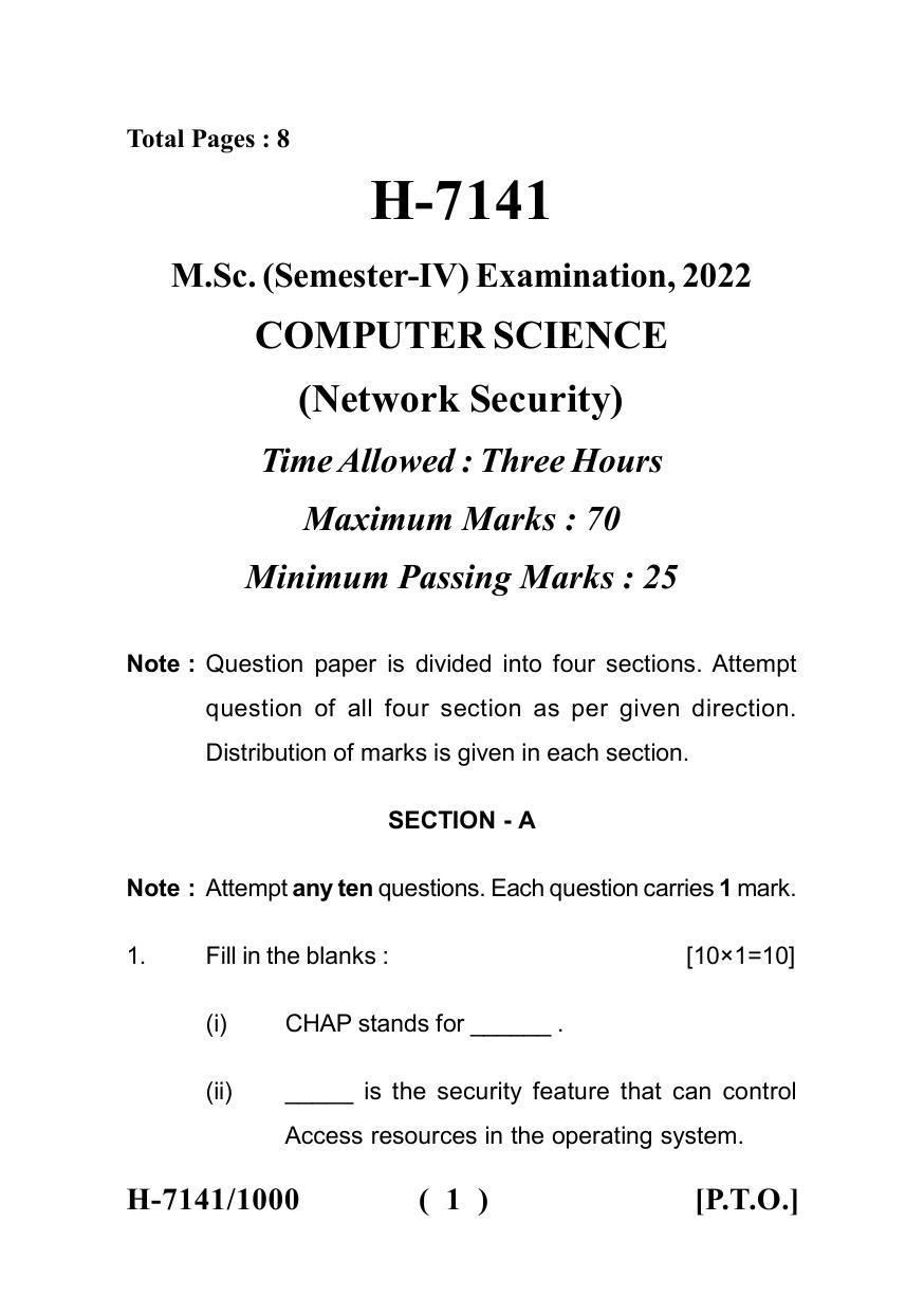 Sarguja University Question Paper July-2022 : M.Sc. In Computer Science(Fourth sem.)Network Security Paper 1 - Page 1