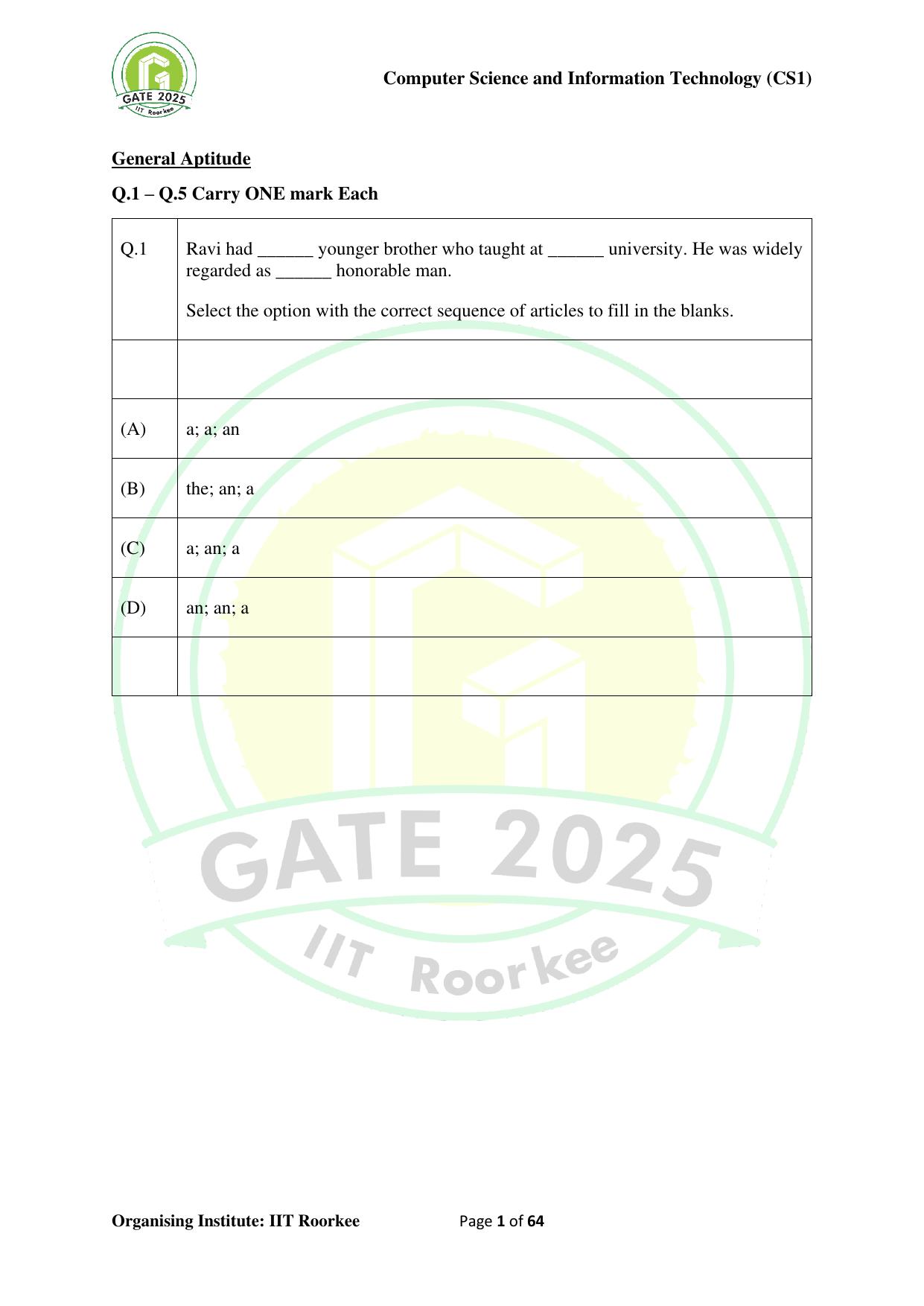 GATE 2025 Computer Science and Information Technology (CS-1) (Forenoon) Question Paper - Page 1