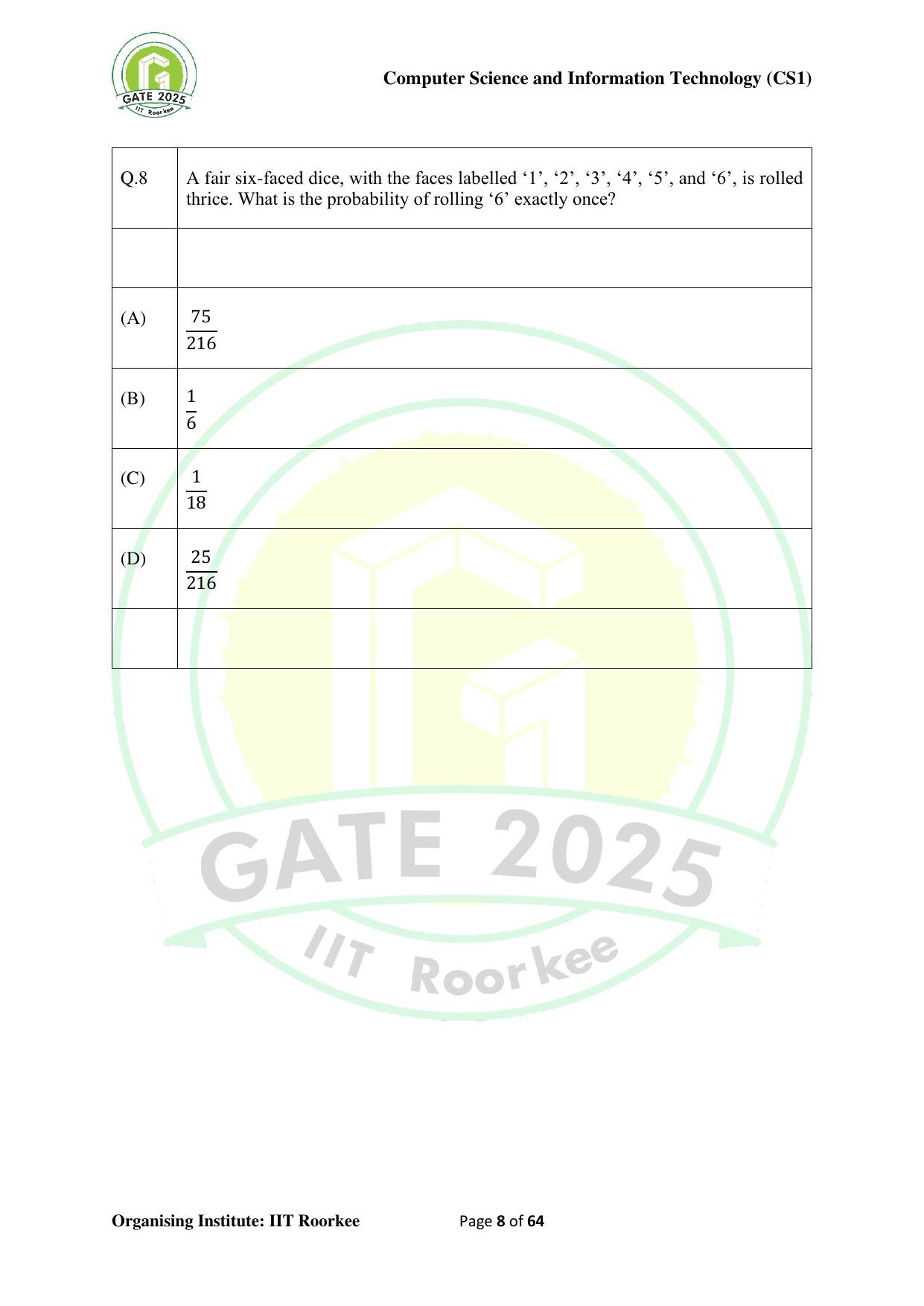 GATE 2025 Computer Science and Information Technology (CS-1) (Forenoon) Question Paper - Page 8
