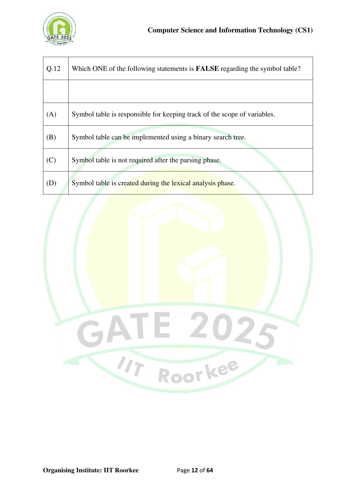 GATE 2025 Computer Science and Information Technology (CS-1) (Forenoon) Question Paper - Page 12