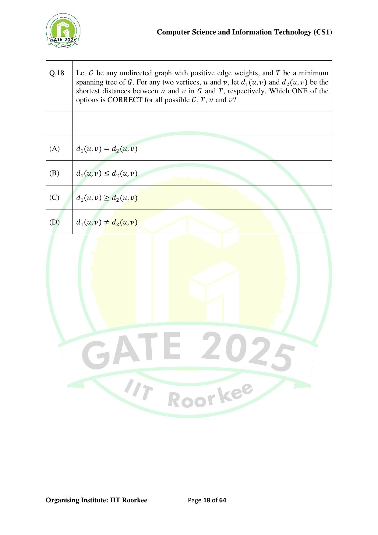 GATE 2025 Computer Science and Information Technology (CS-1) (Forenoon) Question Paper - Page 18