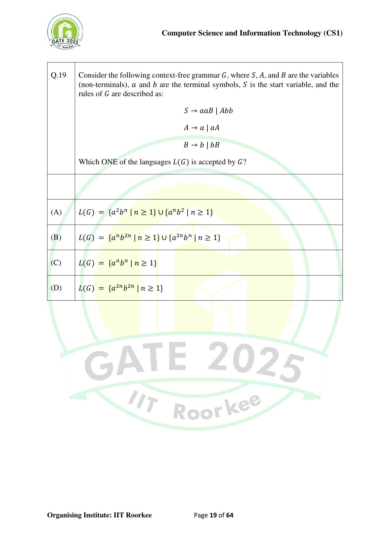 GATE 2025 Computer Science and Information Technology (CS-1) (Forenoon) Question Paper - Page 19