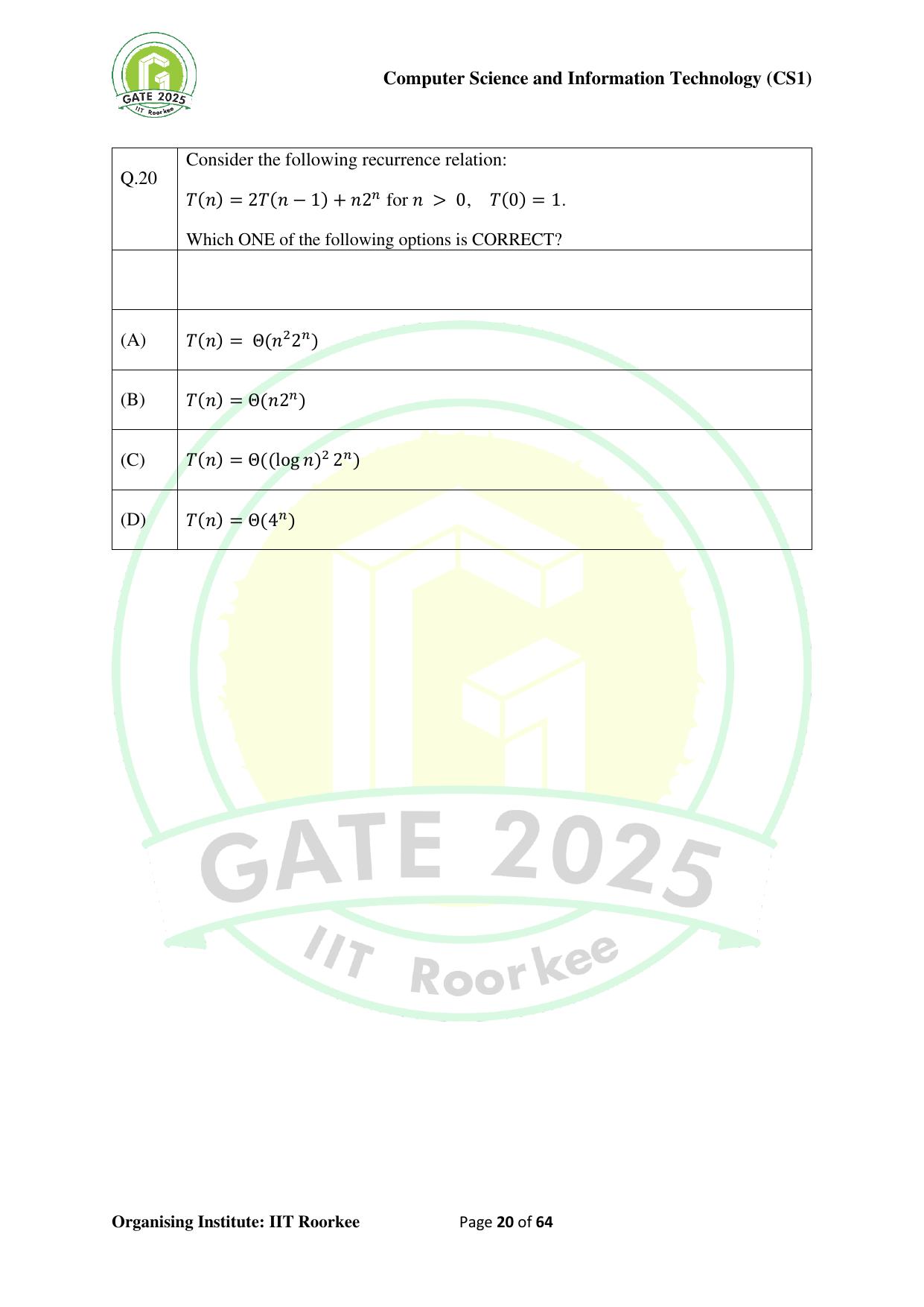 GATE 2025 Computer Science and Information Technology (CS-1) (Forenoon) Question Paper - Page 20
