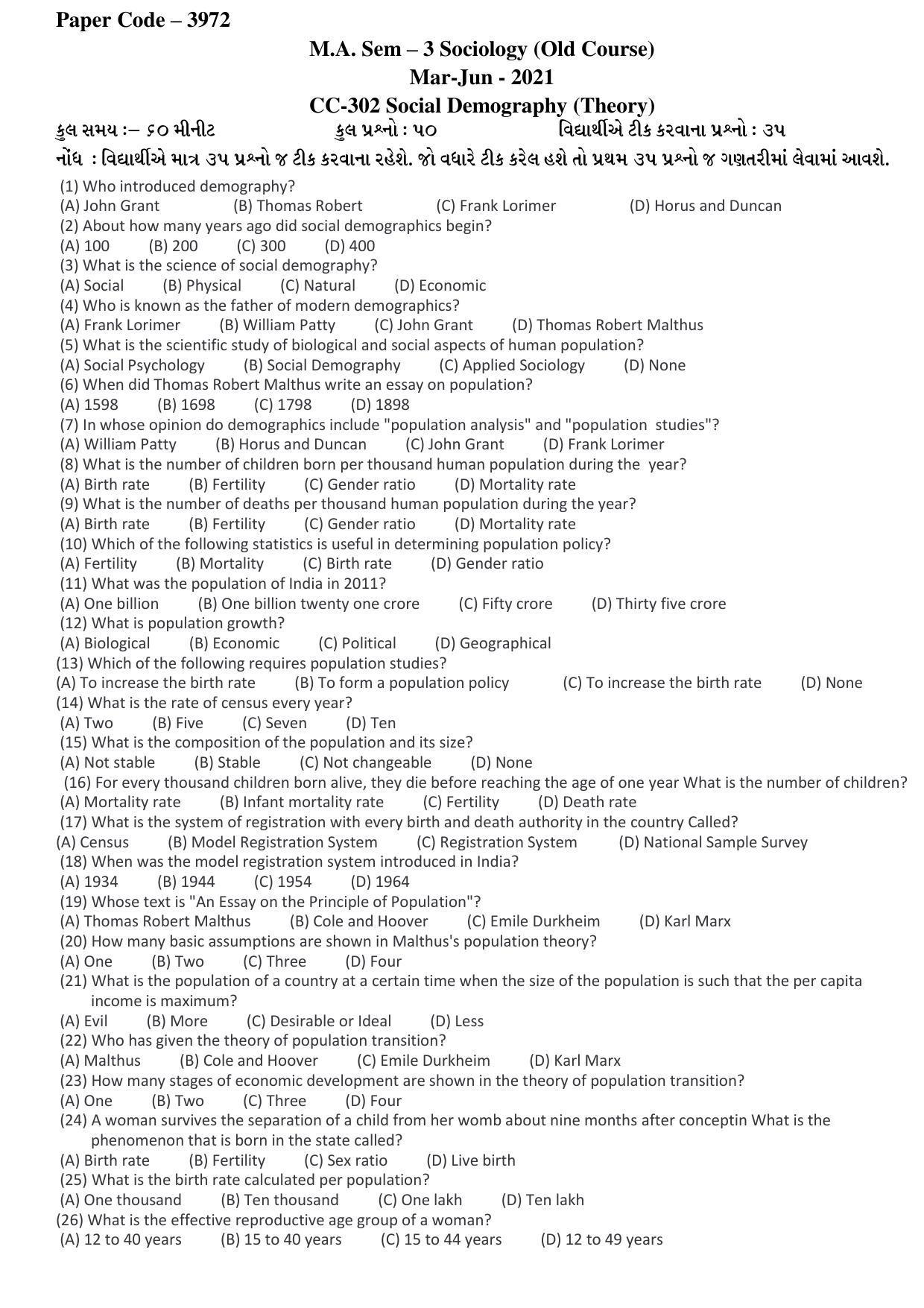 Hemchand North Gujarat University Sample Paper Mar-Jun 2021: M.A. Sem – 3  Sociology-CC-302 Social Demography (Theory)  Paper Code – 3972 (Old Course) - Page 1