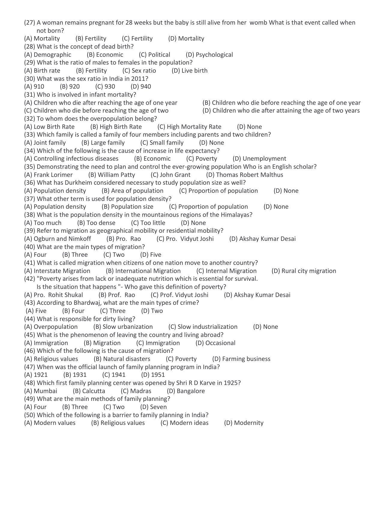 Hemchand North Gujarat University Sample Paper Mar-Jun 2021: M.A. Sem – 3  Sociology-CC-302 Social Demography (Theory)  Paper Code – 3972 (Old Course) - Page 2