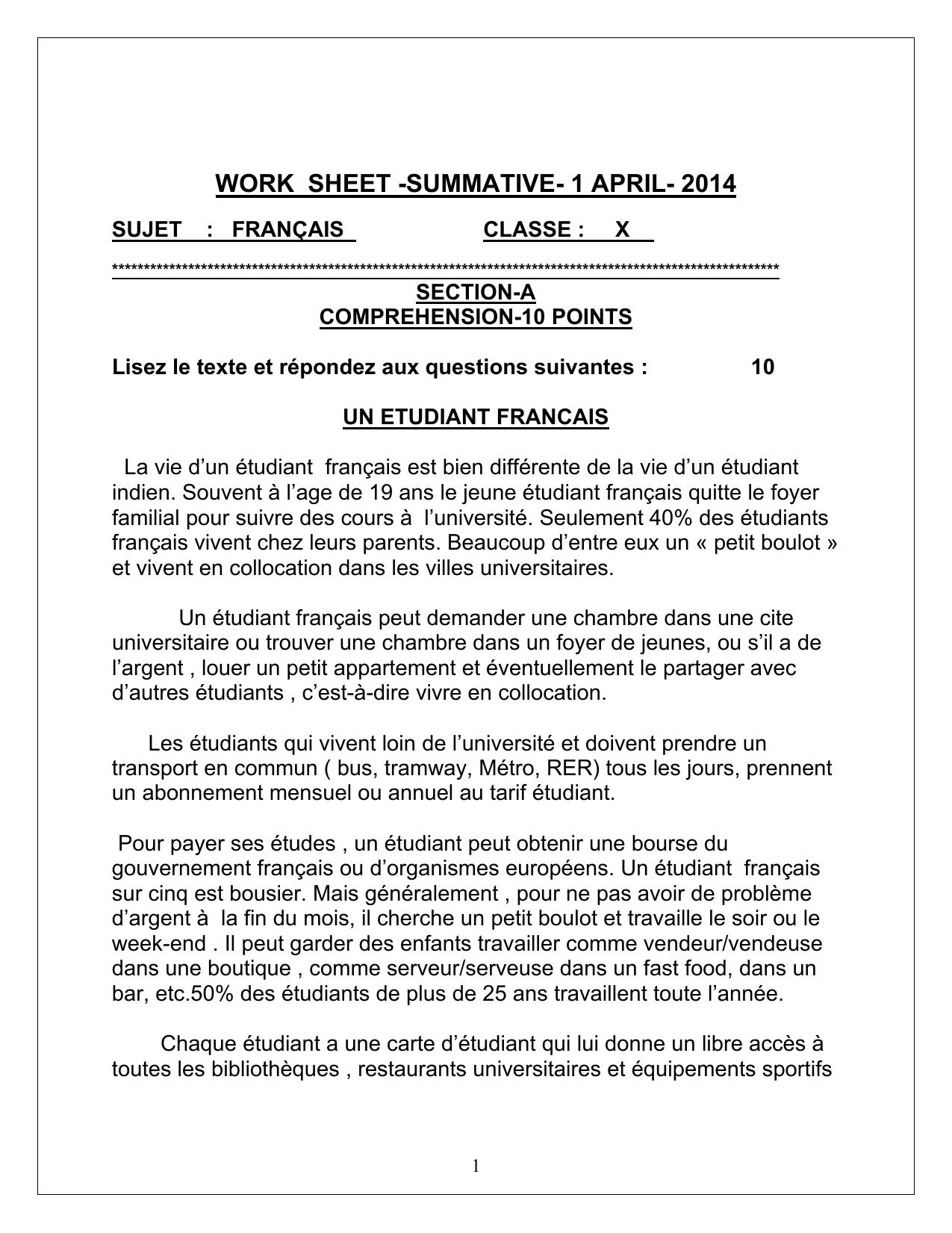 CBSE Worksheets for Class 10 French Assignment 9 - Page 1