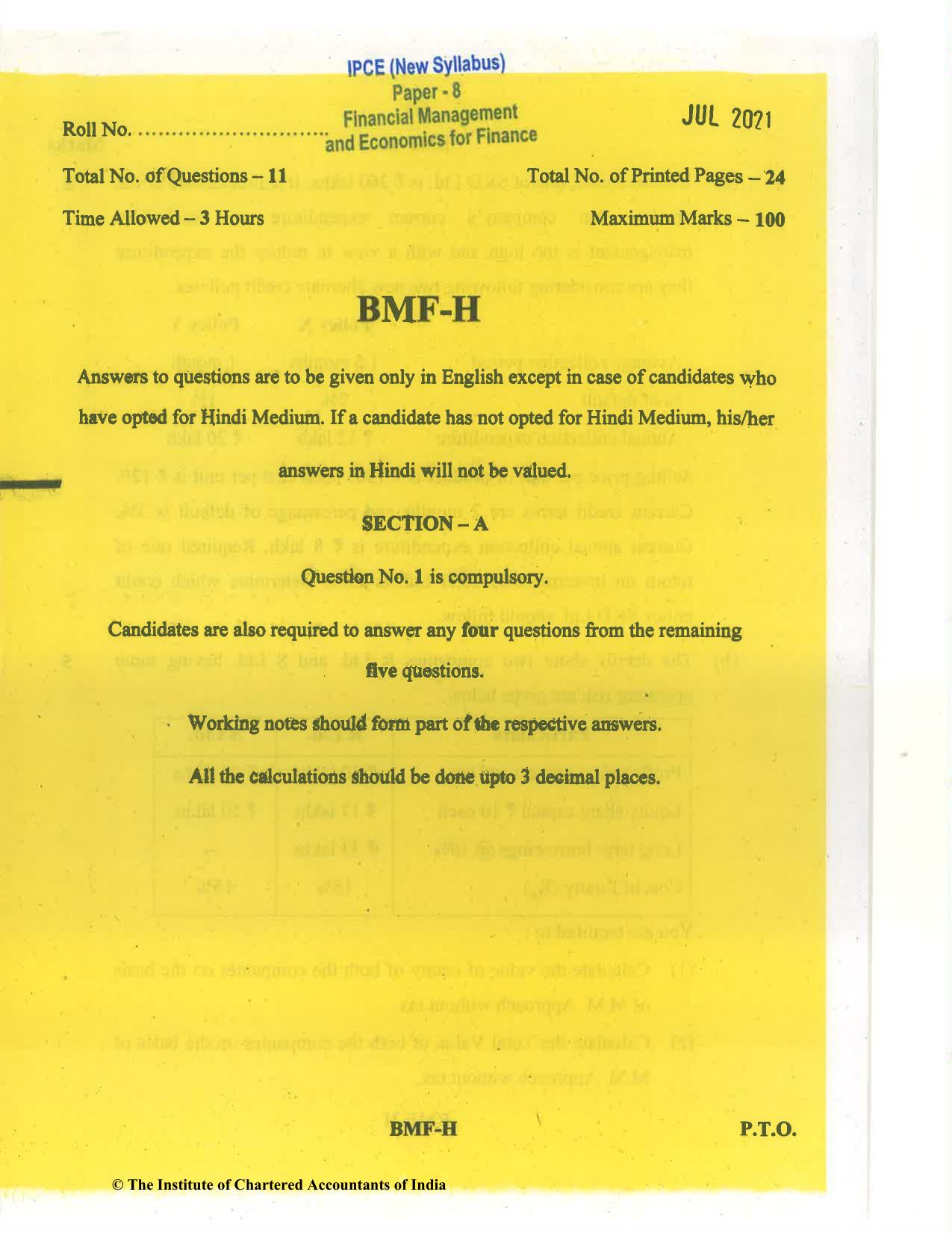 CA Inter Jul 2021 Question Paper - Paper 8 – Financial Management & Economics for Finance - Page 1