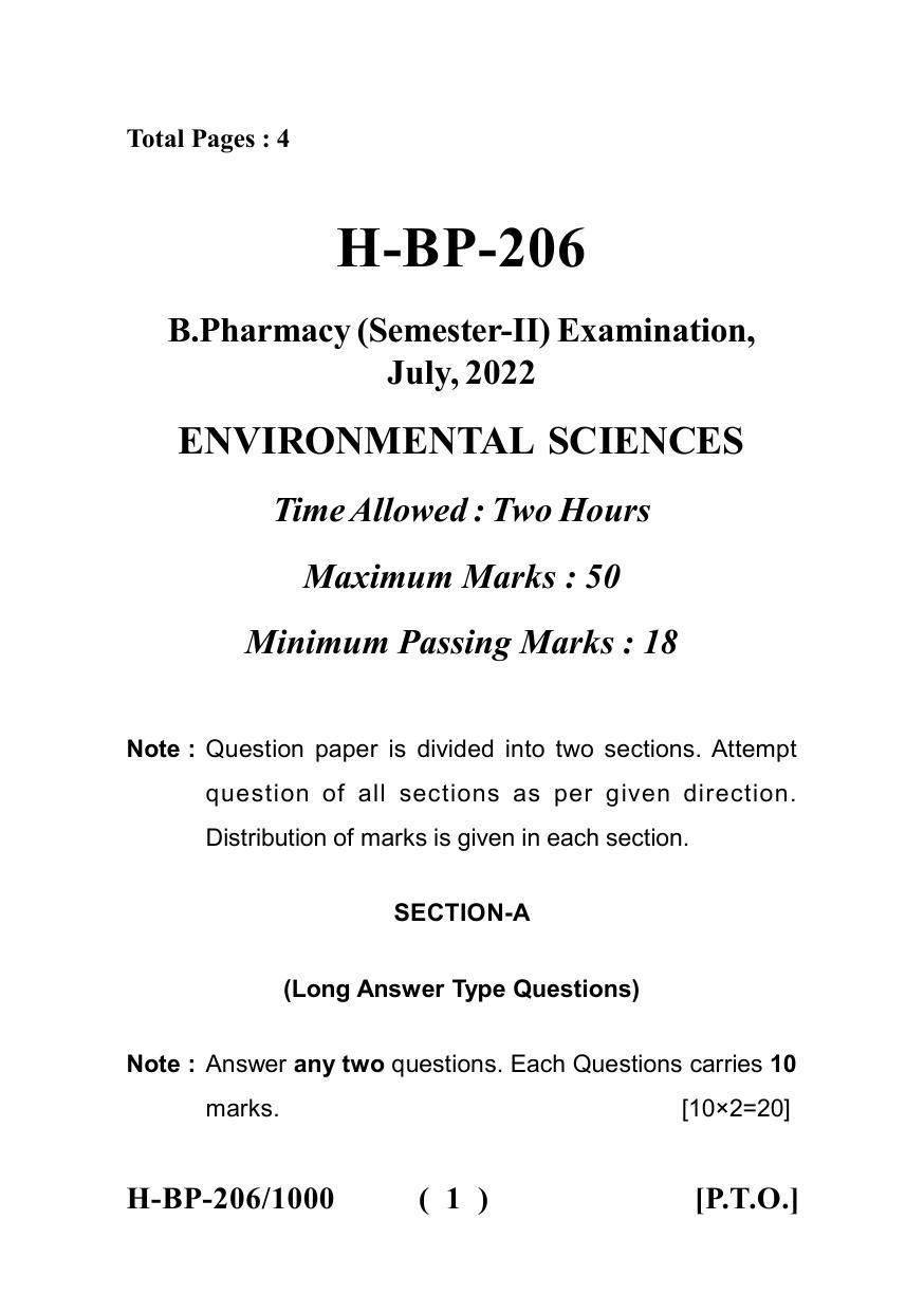 Sarguja University Question Paper July-2022 : Bachelor Of Pharmacy(Sem.-II) Environmental Sciences Paper 1 - Page 1