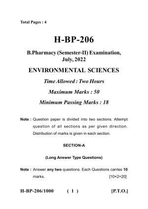 Sarguja University Question Paper July-2022 :   Bachelor Of Pharmacy(Sem.-II) Environmental Sciences Paper 1