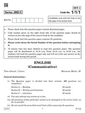 CBSE Class 10 1-1-1 ENGLISH COMM. 2019 Compartment Question Paper