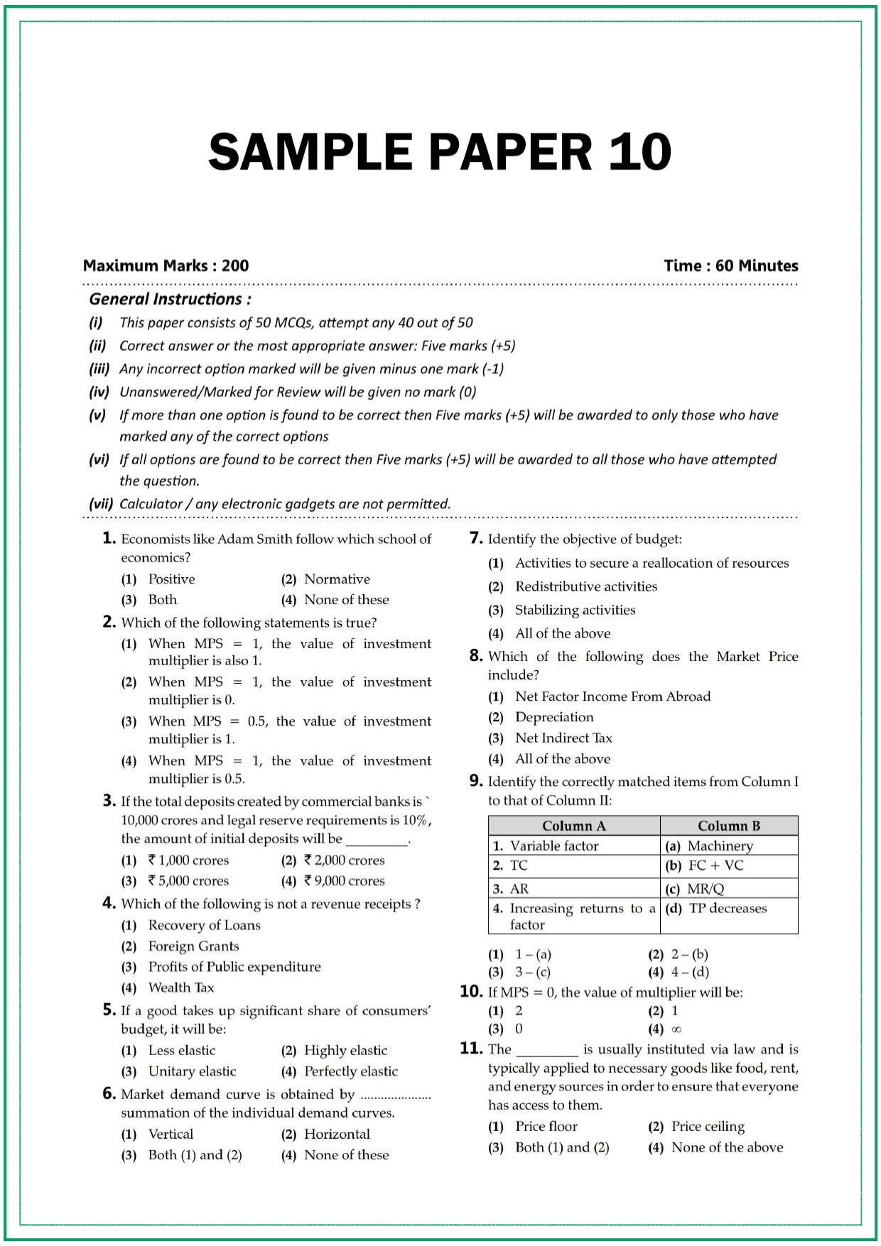 CUET UG Economics Sample Paper 10 - Page 1