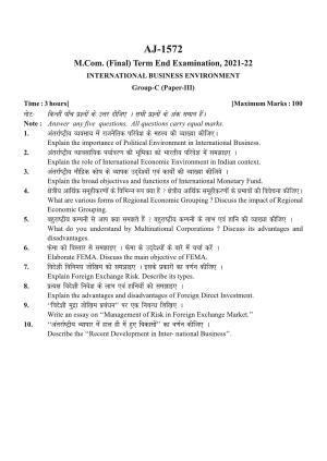 Bilaspur University Question Paper 2021-2022:M.COM (Final) International Business Environment Paper 1