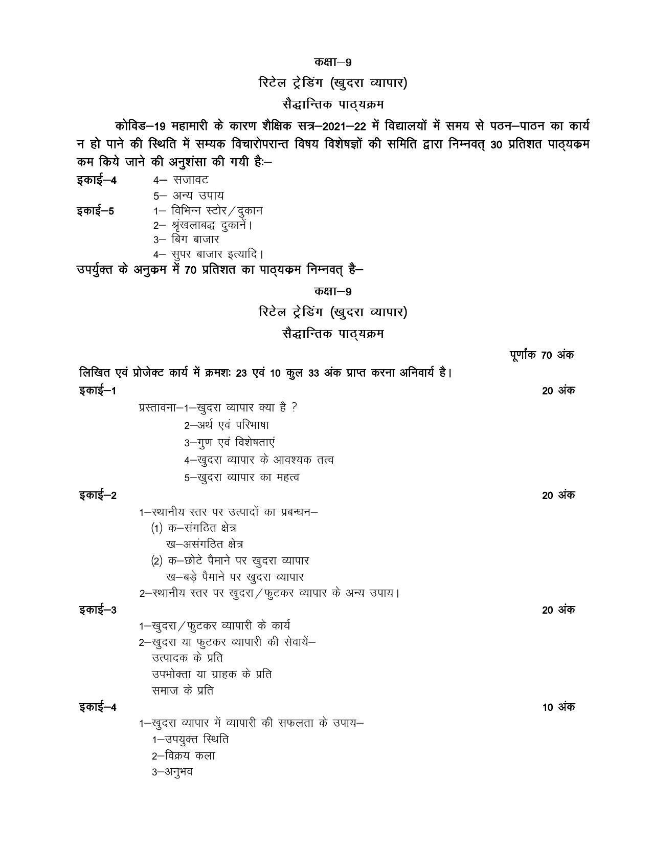 UP Board 9th Syllabus Retail Trading - Page 1
