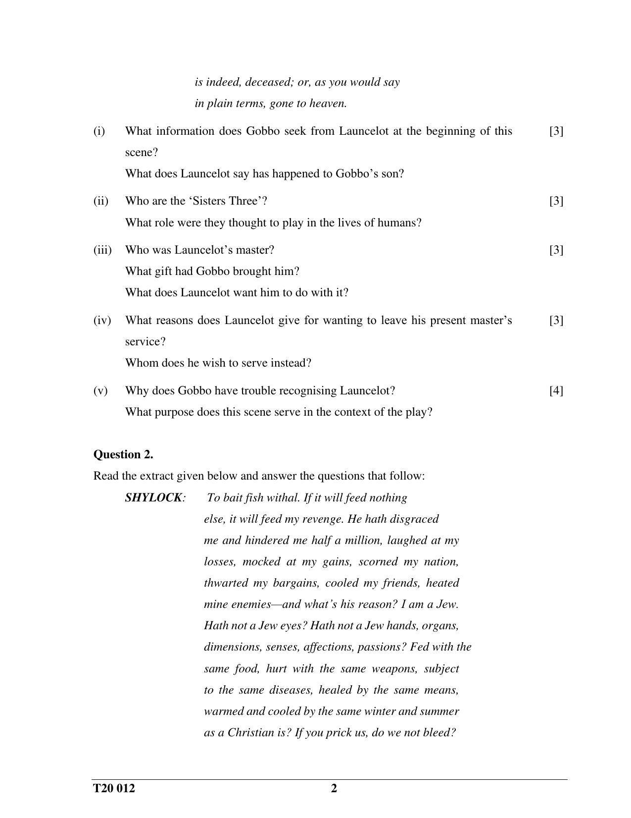 ICSE Class 10 English Paper II 2020 Question Paper - Page 2