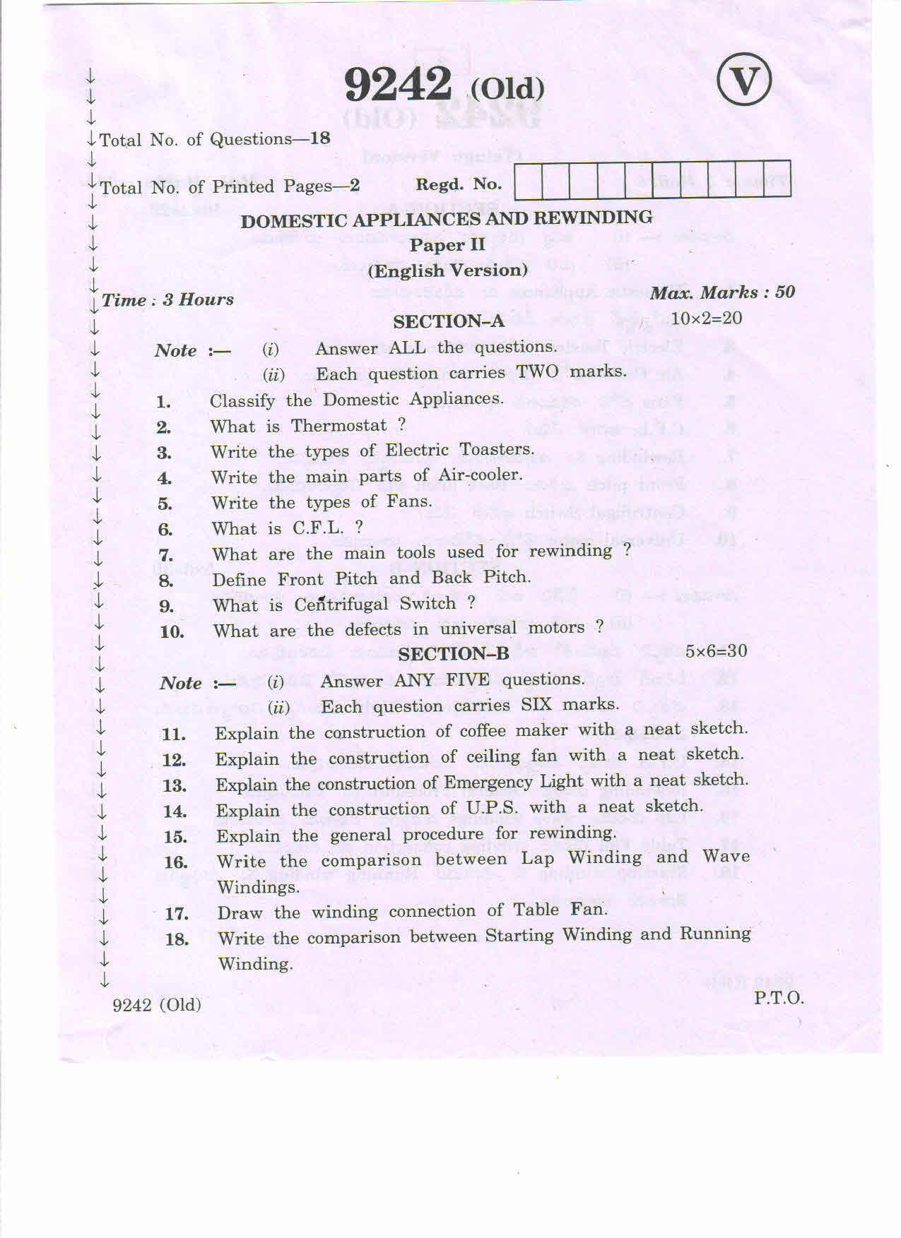 AP Inter 2nd Year Vocational Question Paper March - 2020 - Domestic Appliances Re-Winding - II (old) - Page 1