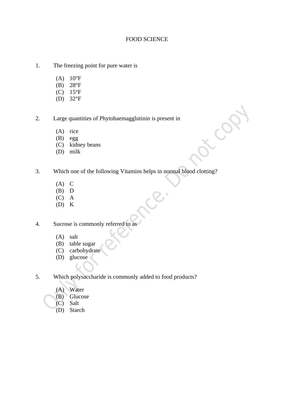 CUSAT CAT 2021 Food Science Question Paper - Page 1