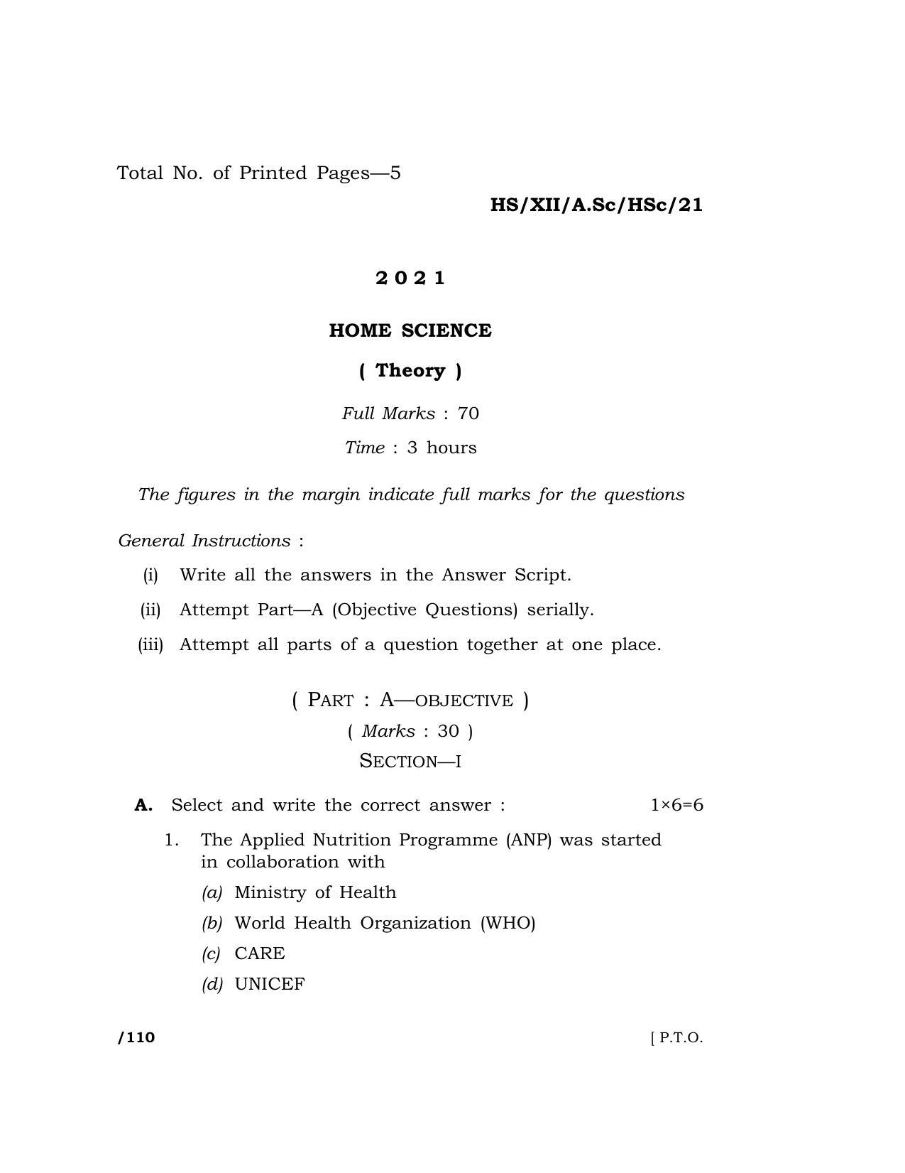 Meghalaya Board (MBOSE) Class 12 HOME SCIENCE (HS-XII-A.Sc-HSc-21) 2021 Question Paper - Page 1