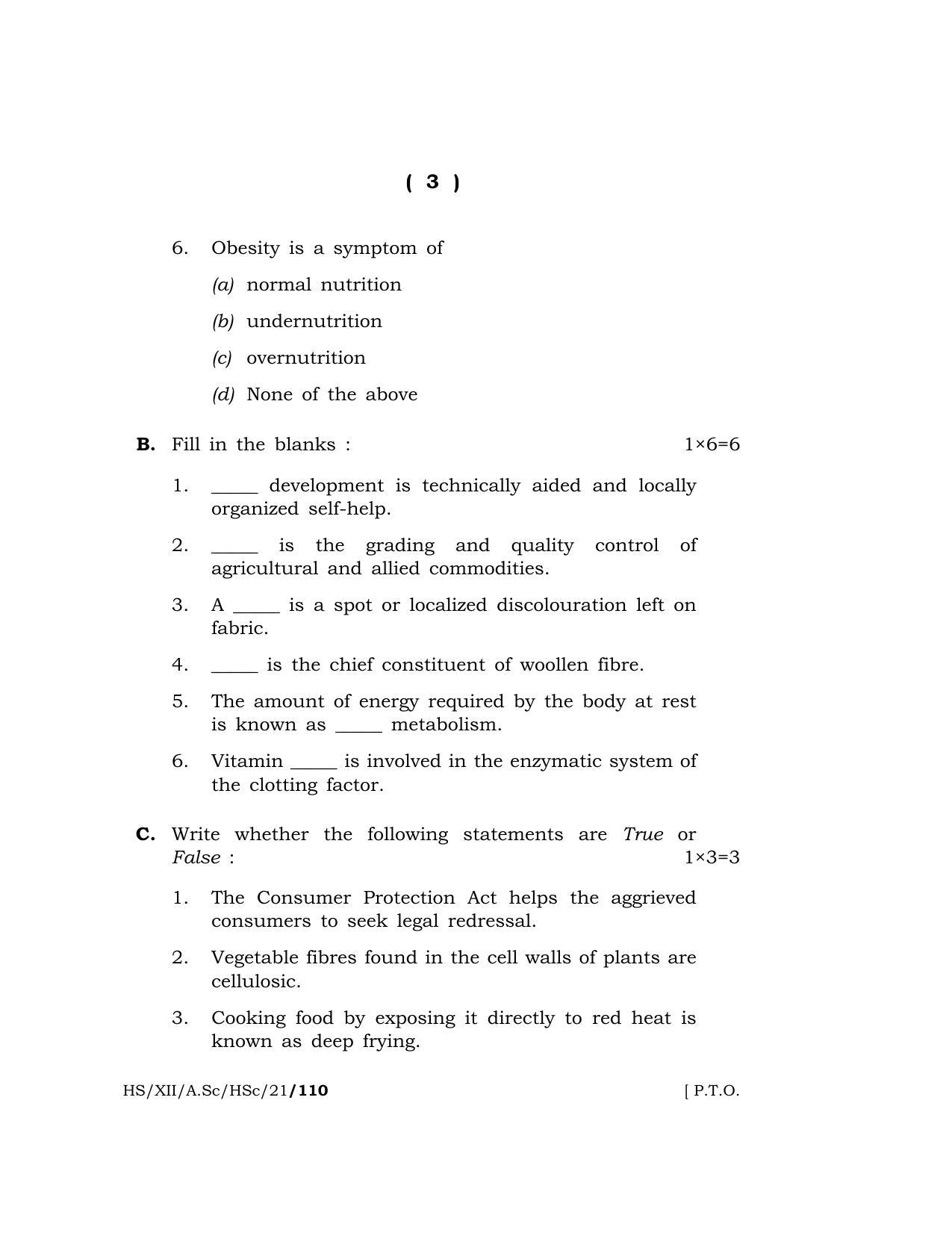 Meghalaya Board (MBOSE) Class 12 HOME SCIENCE (HS-XII-A.Sc-HSc-21) 2021 Question Paper - Page 3