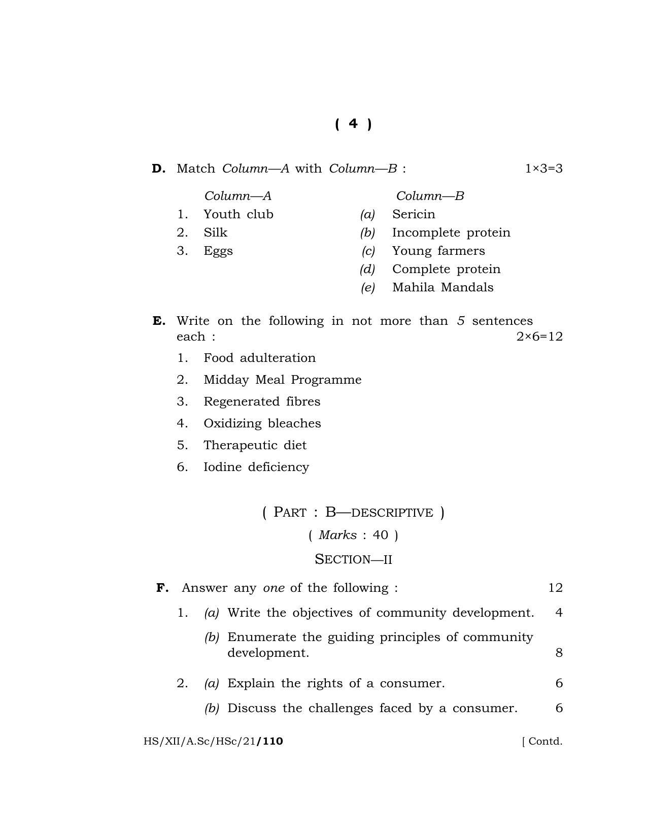 Meghalaya Board (MBOSE) Class 12 HOME SCIENCE (HS-XII-A.Sc-HSc-21) 2021 Question Paper - Page 4