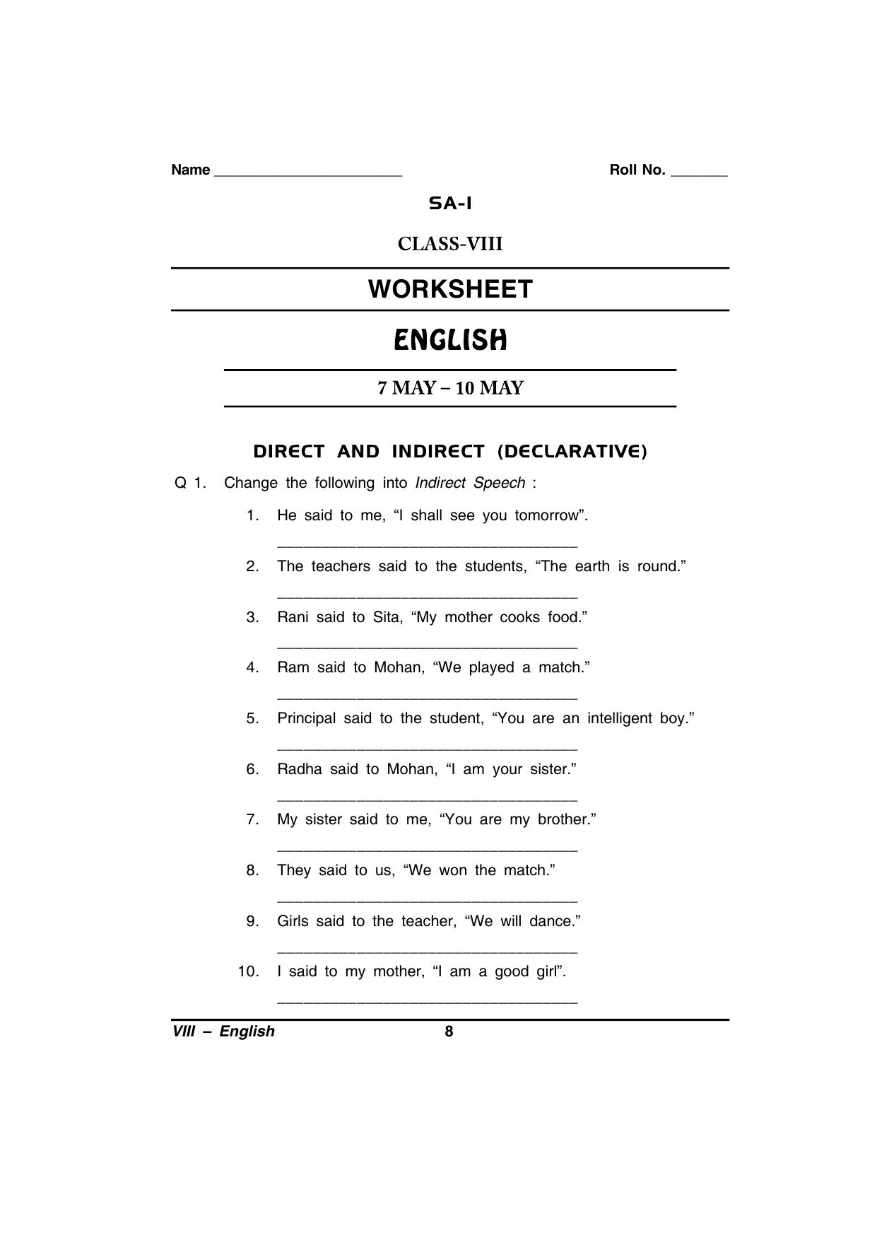 CBSE Worksheets for Class 8 English Assignment 70 - Page 1