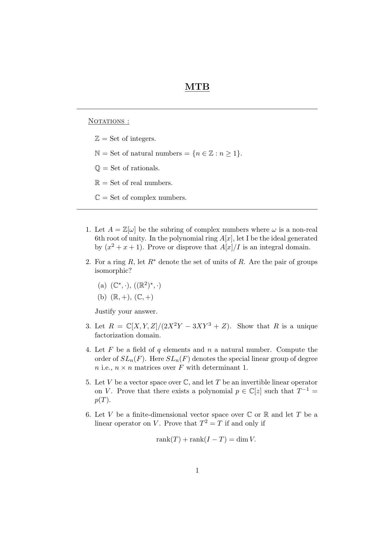 ISI Admission Test JRF in Mathematics MTB 2020 Sample Paper - Page 1