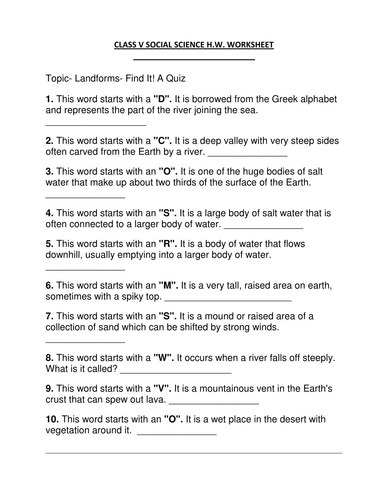 Worksheet for Class 5 Social Science Landforms- Find It Assignment - Page 1