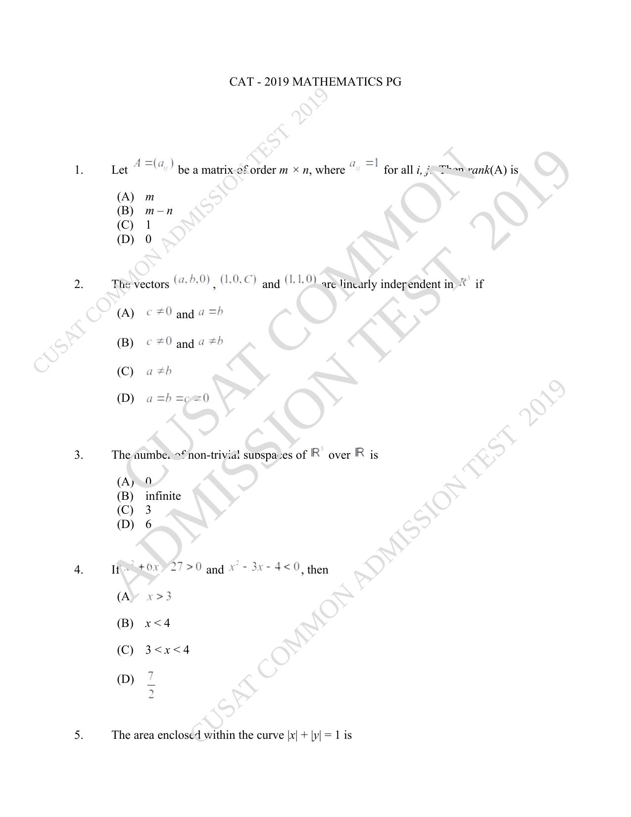 CUSAT CAT 2019 Msc Maths Question Paper With Answer Key - Page 1